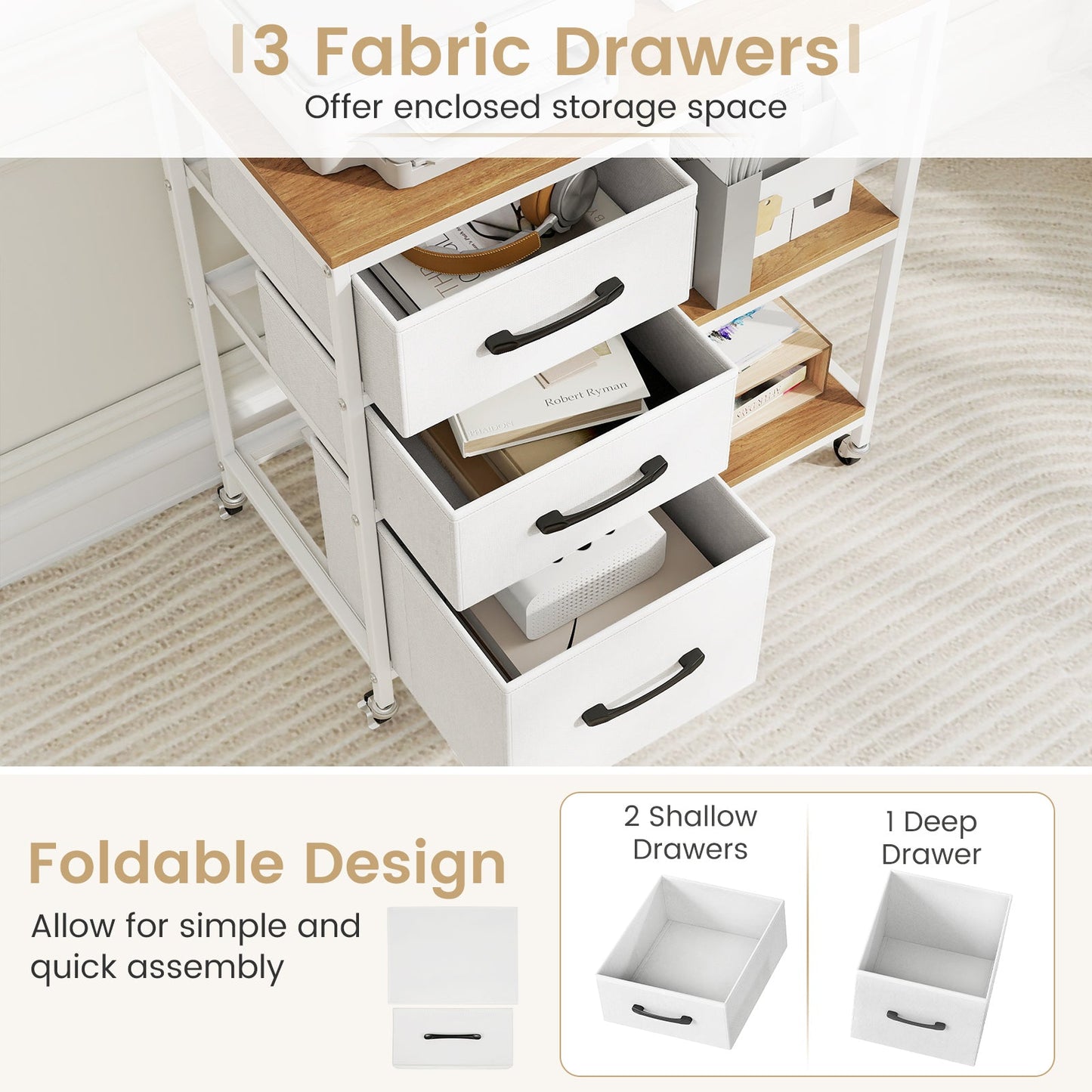 3 Drawer Mobile File Cabinet with Charging Station Rolling Printer Stand with Open Storage Shelves