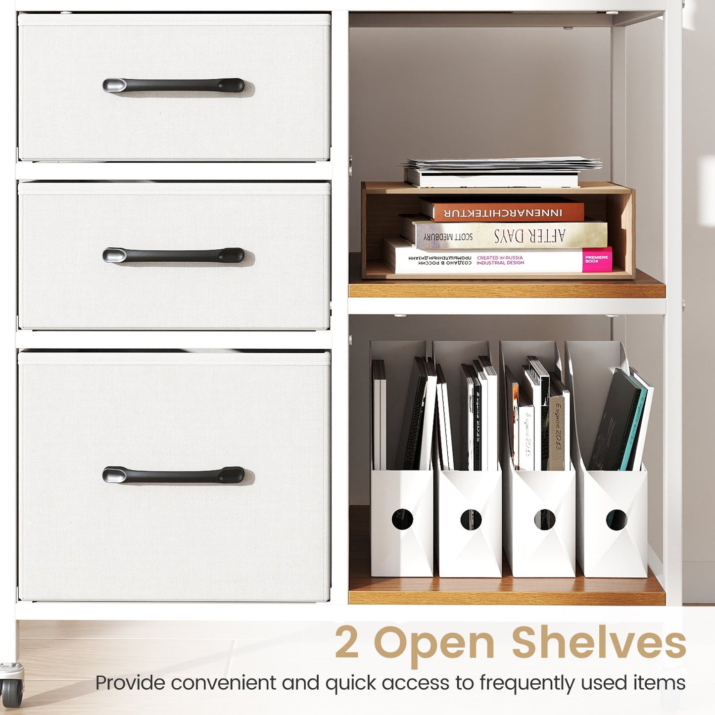 3 Drawer Mobile File Cabinet with Charging Station Rolling Printer Stand with Open Storage Shelves