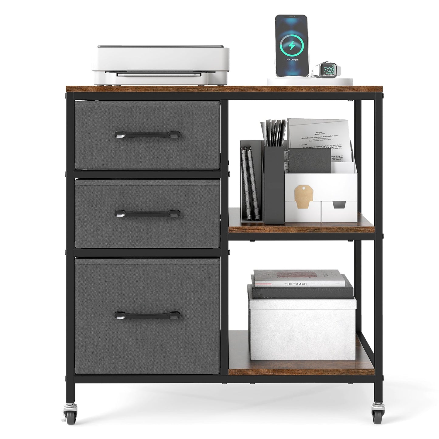 3 Drawer Mobile File Cabinet with Charging Station Rolling Printer Stand with Open Storage Shelves