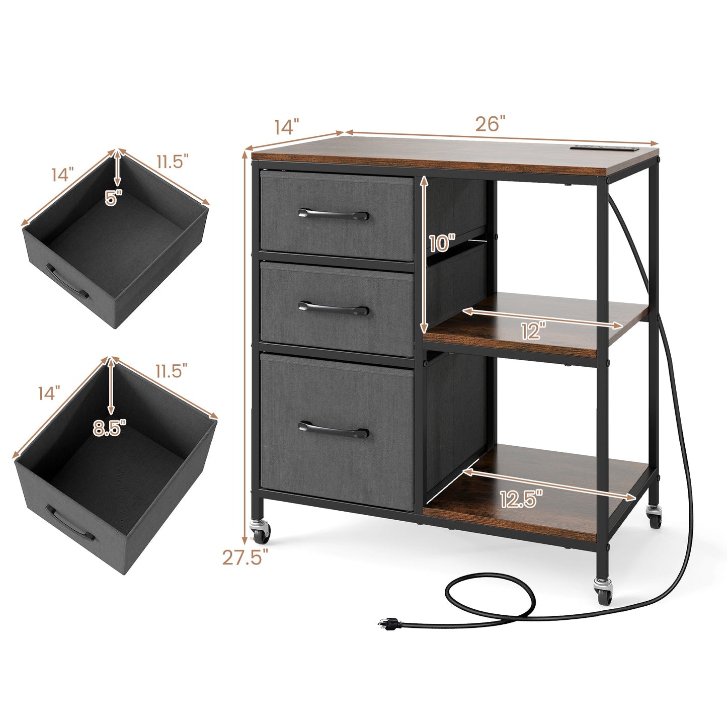 3 Drawer Mobile File Cabinet with Charging Station Rolling Printer Stand with Open Storage Shelves
