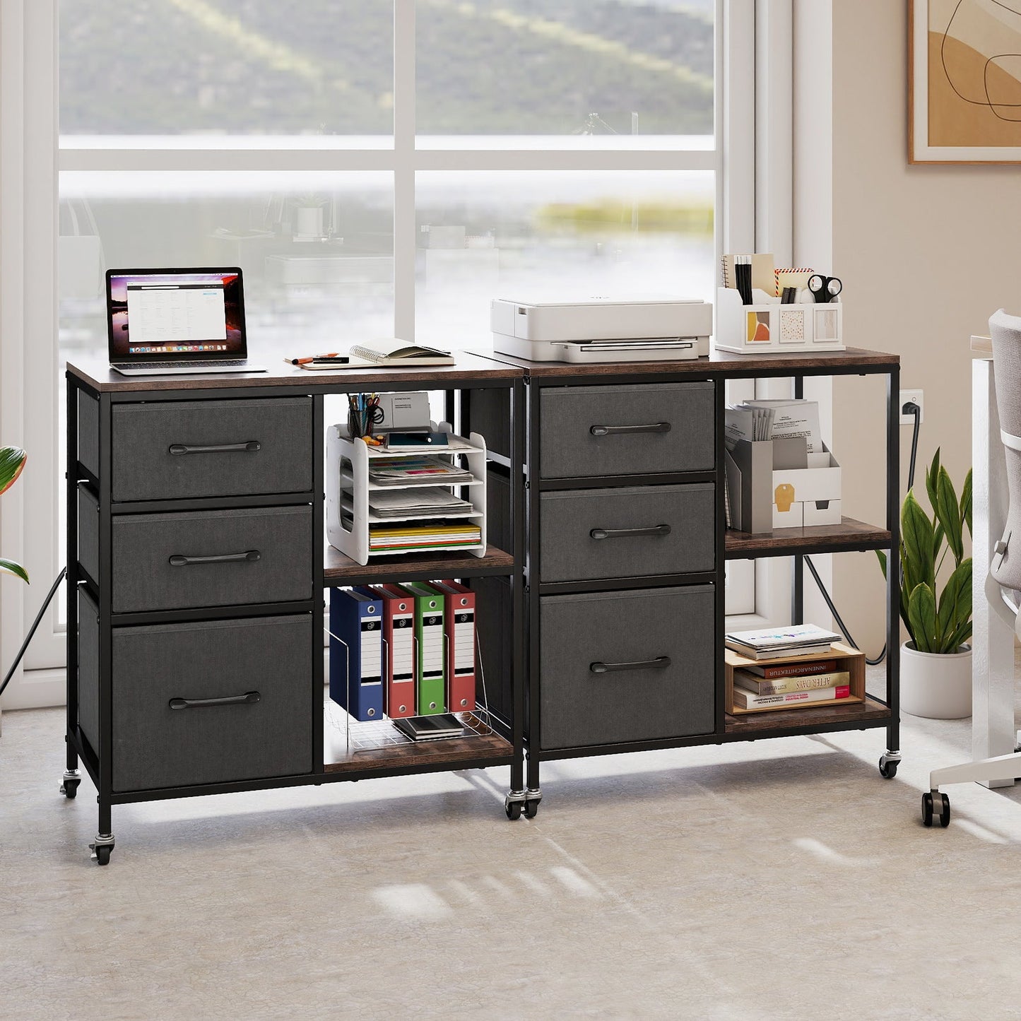 3 Drawer Mobile File Cabinet with Charging Station Rolling Printer Stand with Open Storage Shelves