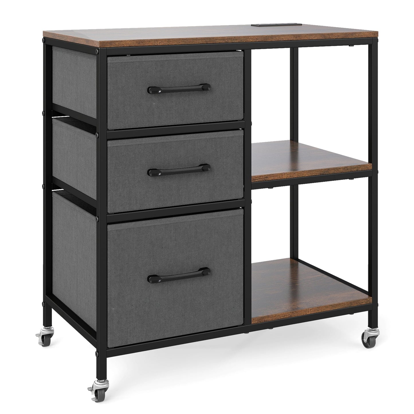 3 Drawer Mobile File Cabinet with Charging Station Rolling Printer Stand with Open Storage Shelves