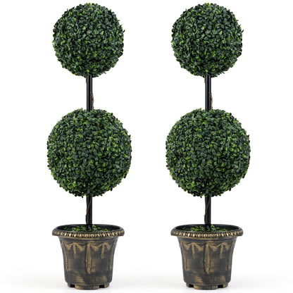 3 FT Artificial Boxwood Topiary Tree Double Ball Shrubs Set of 2