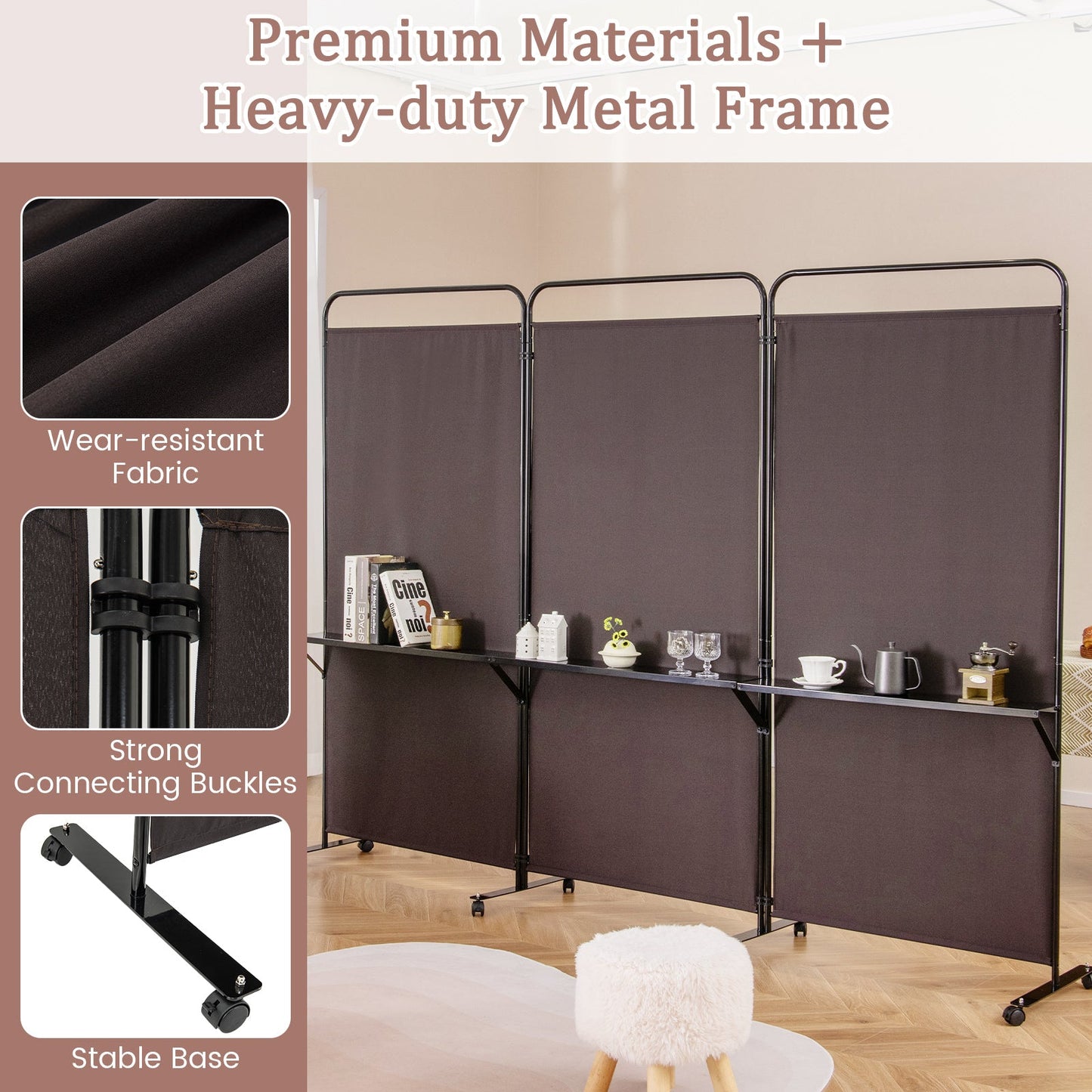 3-Panel Folding Room Divider with 3 Metal Shelves and Lockable Wheels