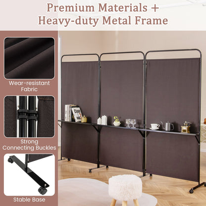 3-Panel Folding Room Divider with 3 Metal Shelves and Lockable Wheels