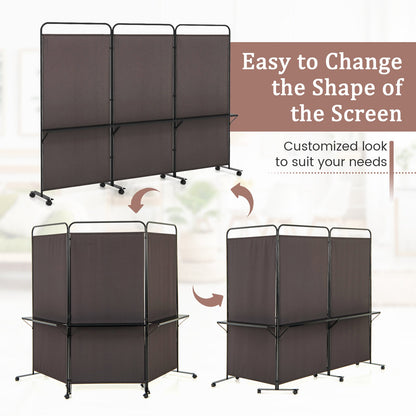 3-Panel Folding Room Divider with 3 Metal Shelves and Lockable Wheels