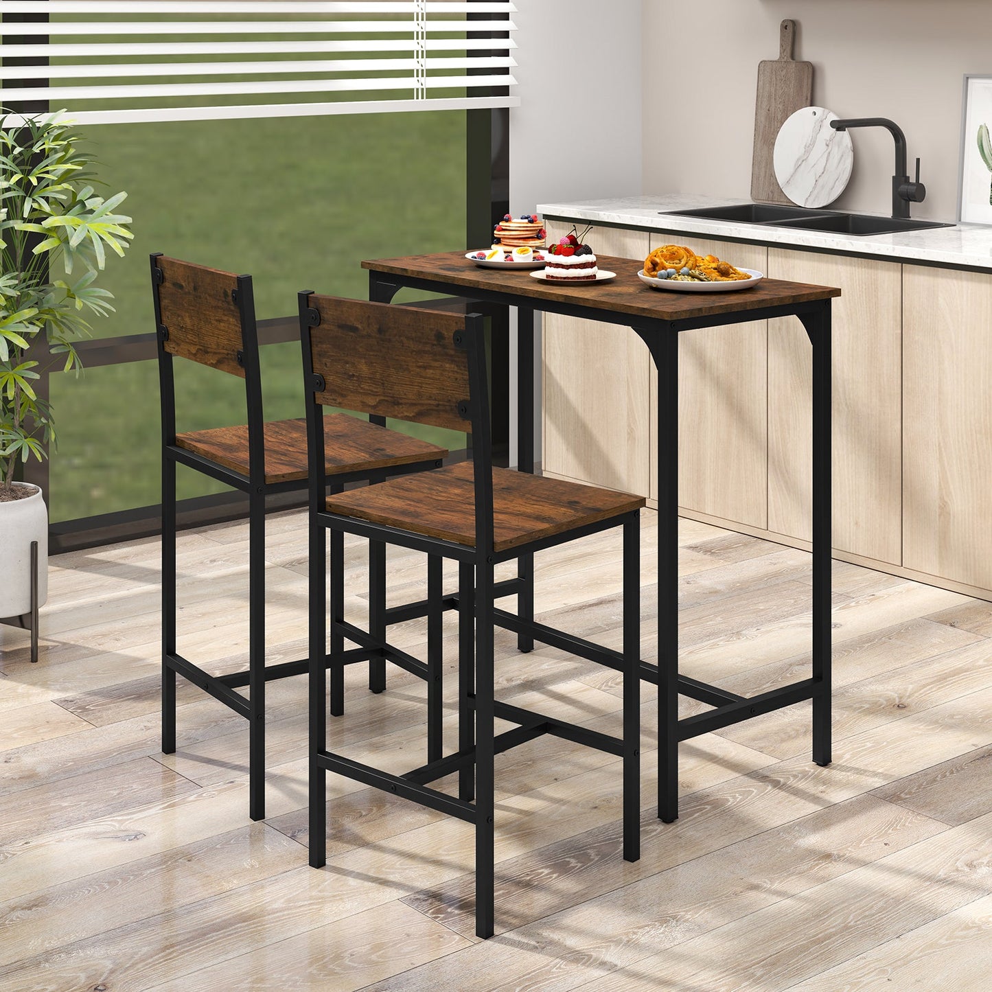 3 Piece Bar Table Set with Backrest and Footrest for Small Space