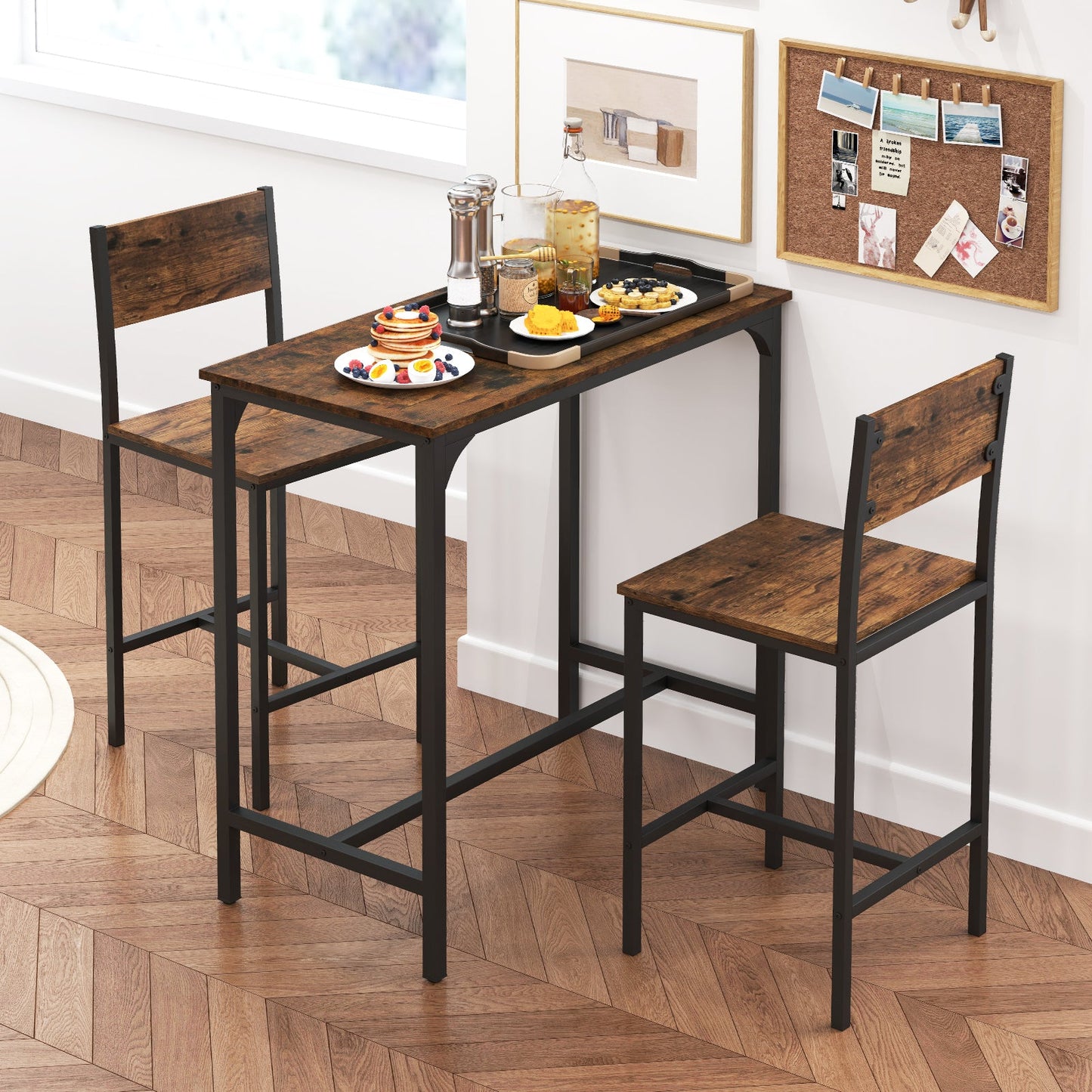 3 Piece Bar Table Set with Backrest and Footrest for Small Space