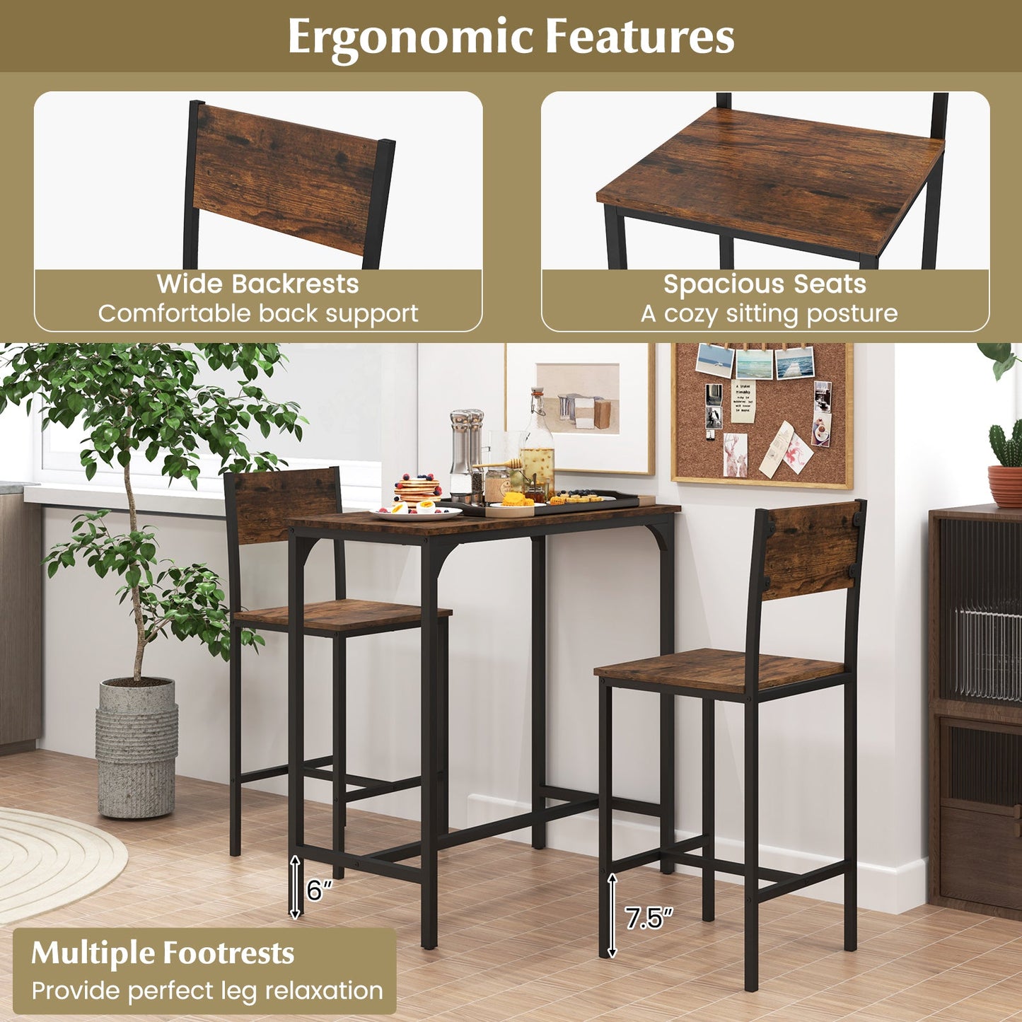 3 Piece Bar Table Set with Backrest and Footrest for Small Space