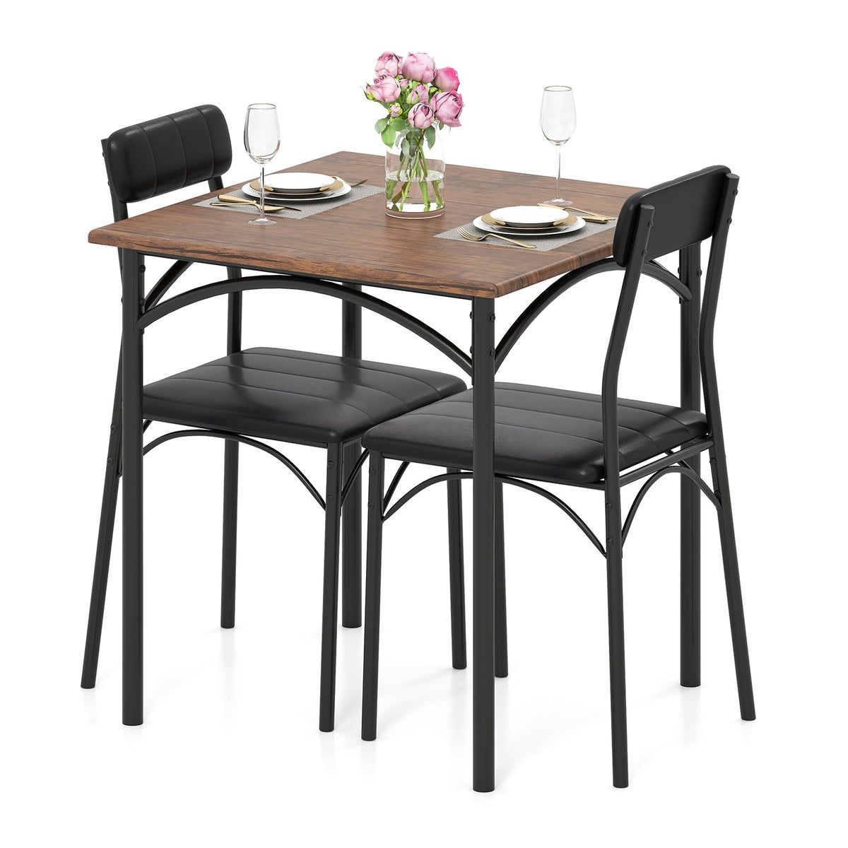 3-Piece Dining Table Set Square Kitchen Table and 2 Chairs for Dining Room-Rustic Brown