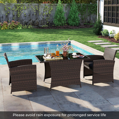 3 Piece Patio Wicker Dining Set with Rectangle Tempered Glass Dining Table-Brown