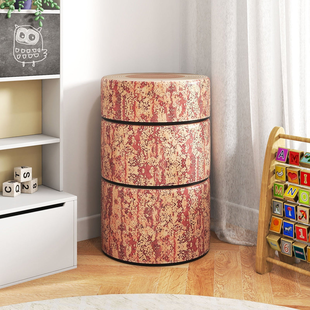 3-Piece Tree Stump Stool Set with Wood Printing Nature Decoration