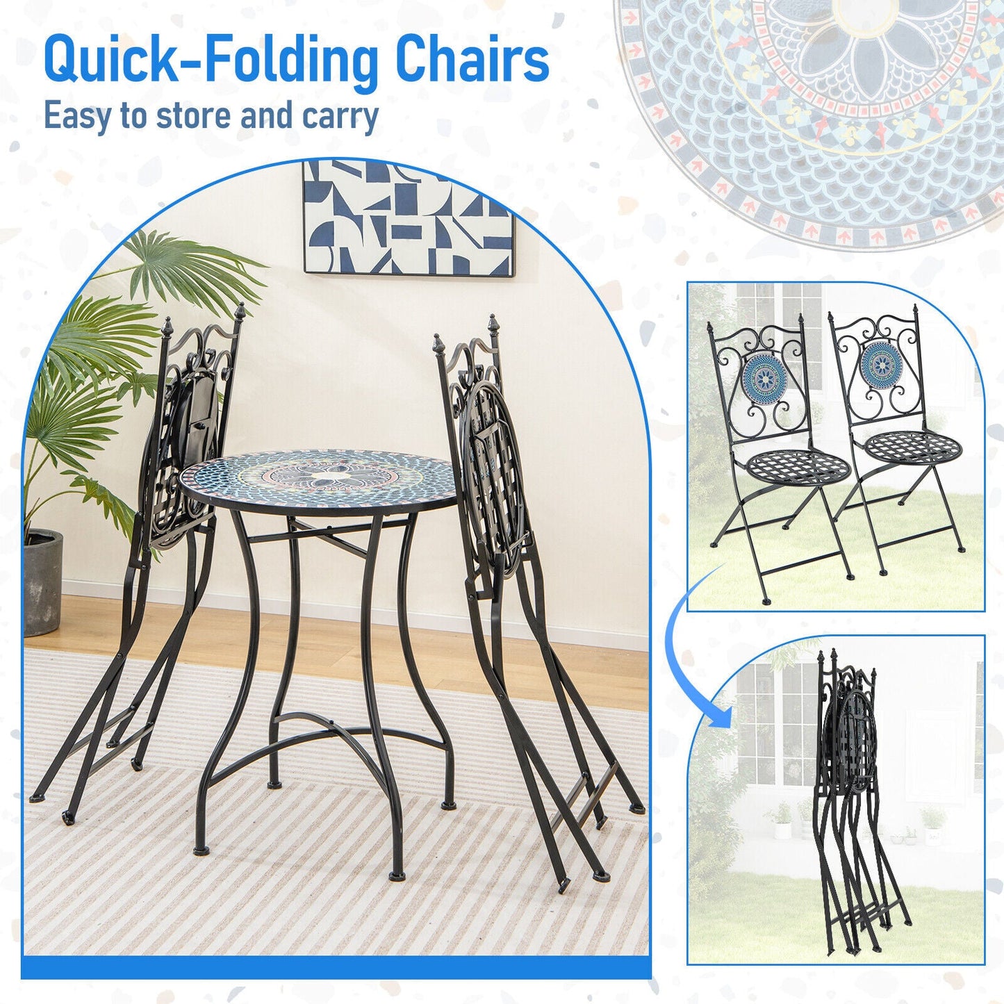3 Piece Patio Bistro Set with Mosaic Pattern