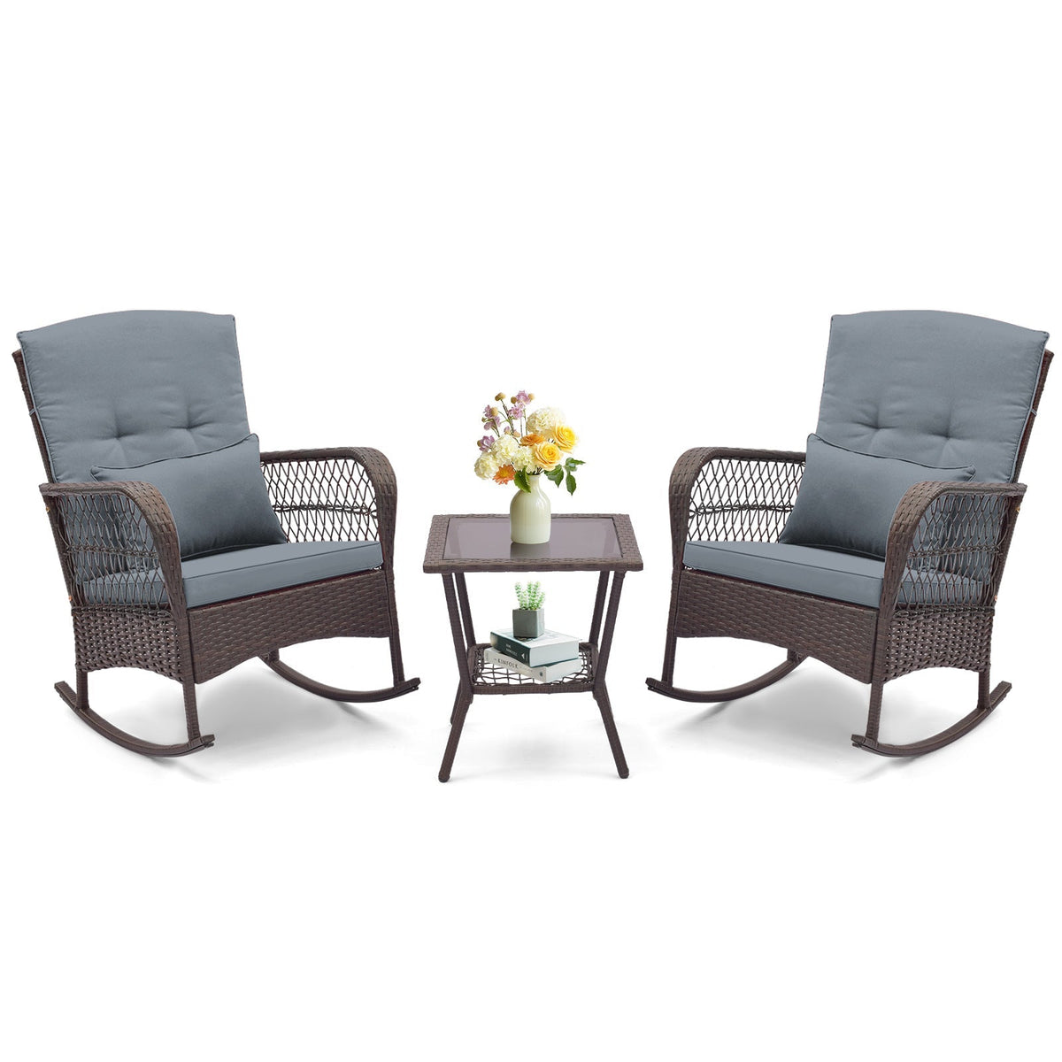 3 Pieces Rocking Bistro Set with 2-Tier Coffee Table