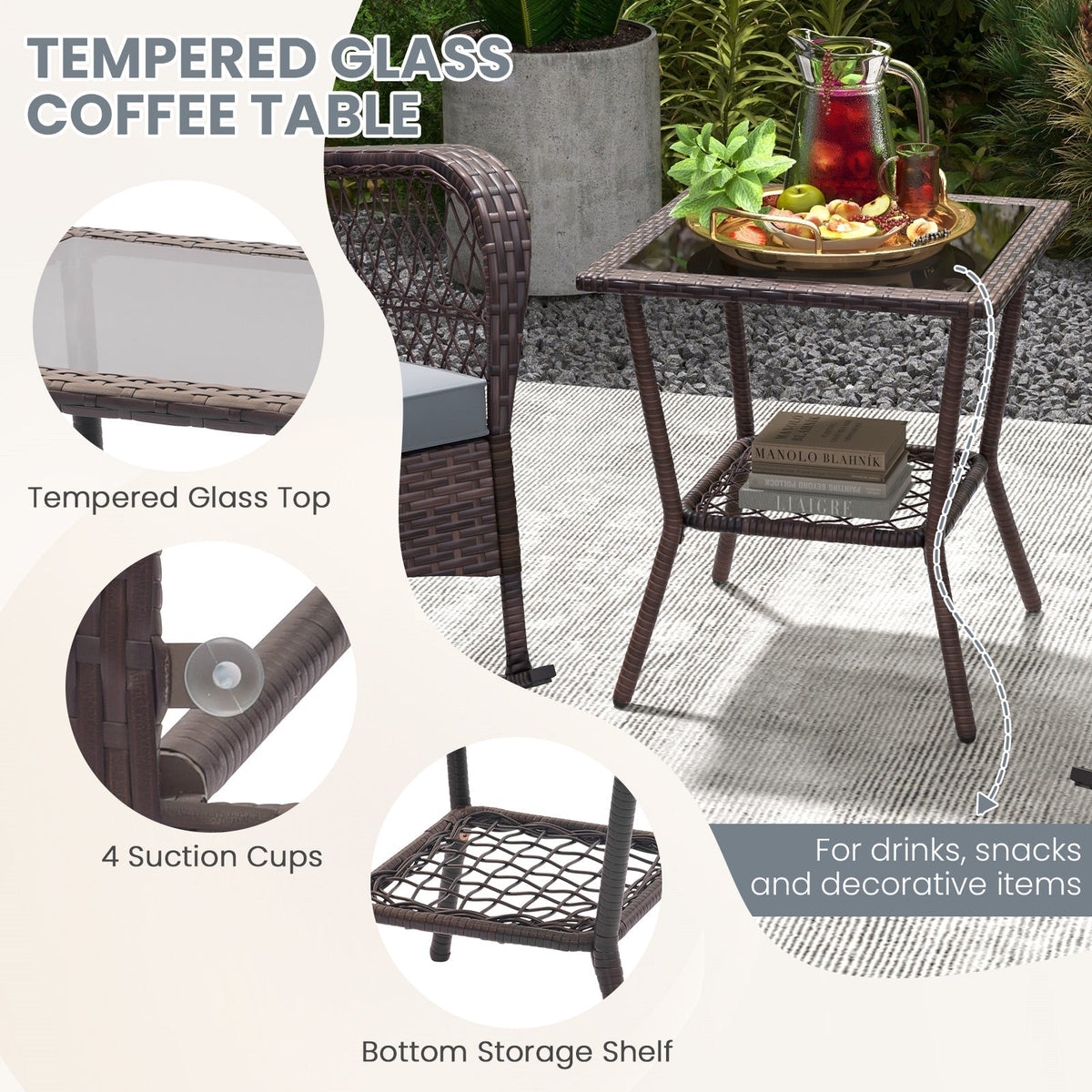 3 Pieces Rocking Bistro Set with 2-Tier Coffee Table