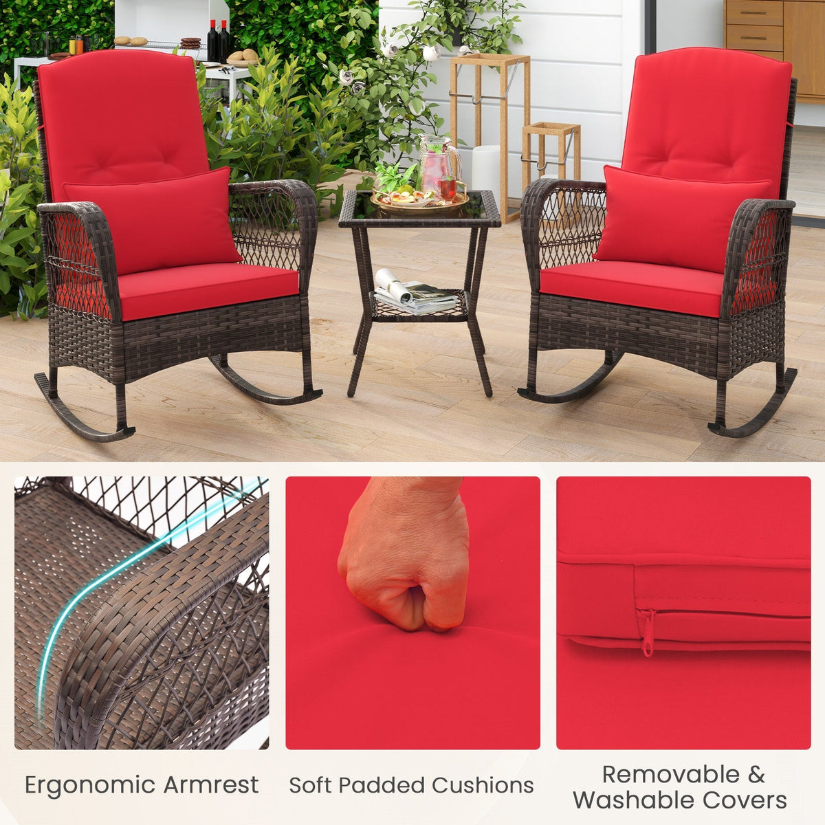 3 Pieces Rocking Bistro Set with 2-Tier Coffee Table