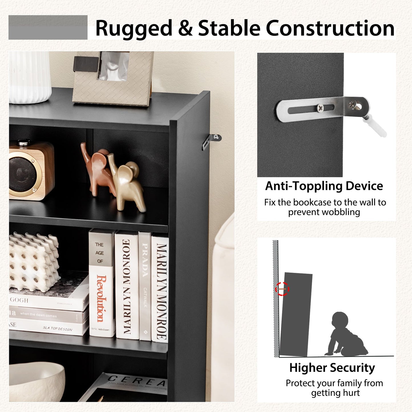 3-Tier Bookcase Open Display Rack Cabinet with Adjustable Shelves