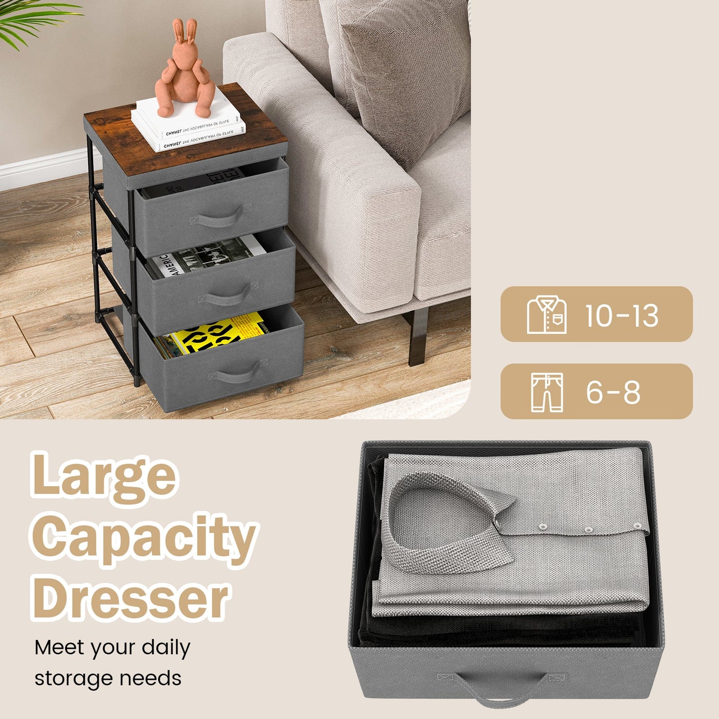 3-Tier Fabric Nightstand with Sturdy Metal Frame
