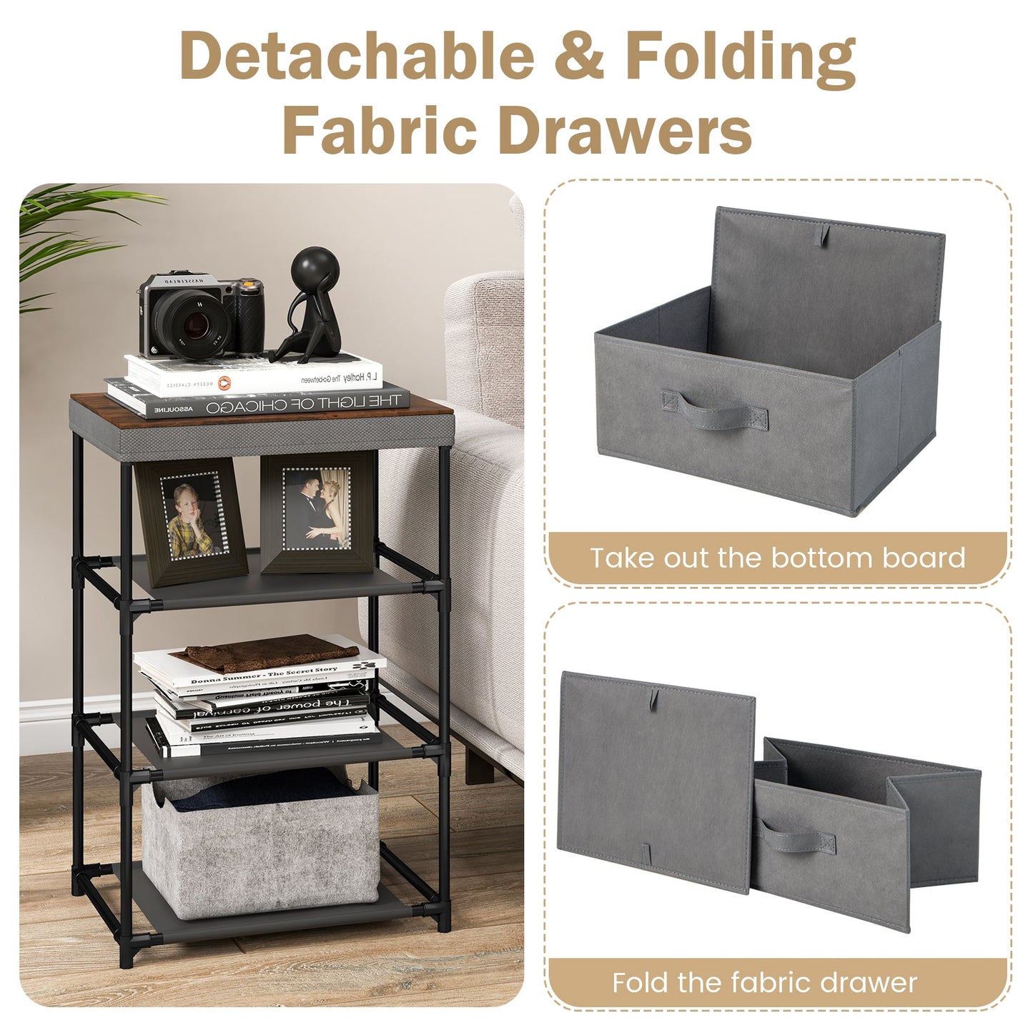 3-Tier Fabric Nightstand with Sturdy Metal Frame