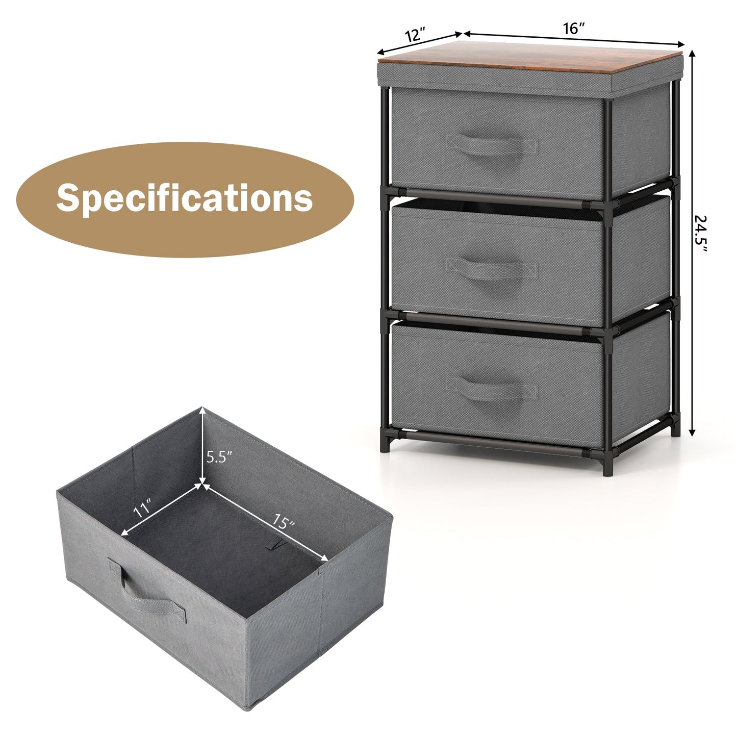 3-Tier Fabric Nightstand with Sturdy Metal Frame