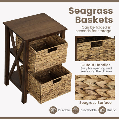 3/4-Tier Nightstand with 2 Seagrass Baskets Narrow X-Design-3