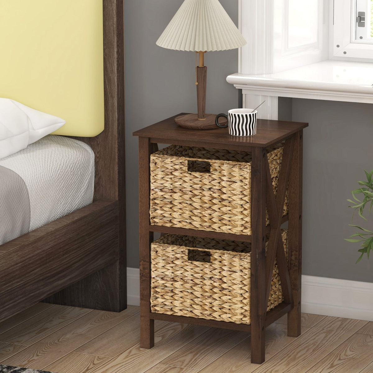 3/4-Tier Nightstand with 2 Seagrass Baskets Narrow X-Design-3