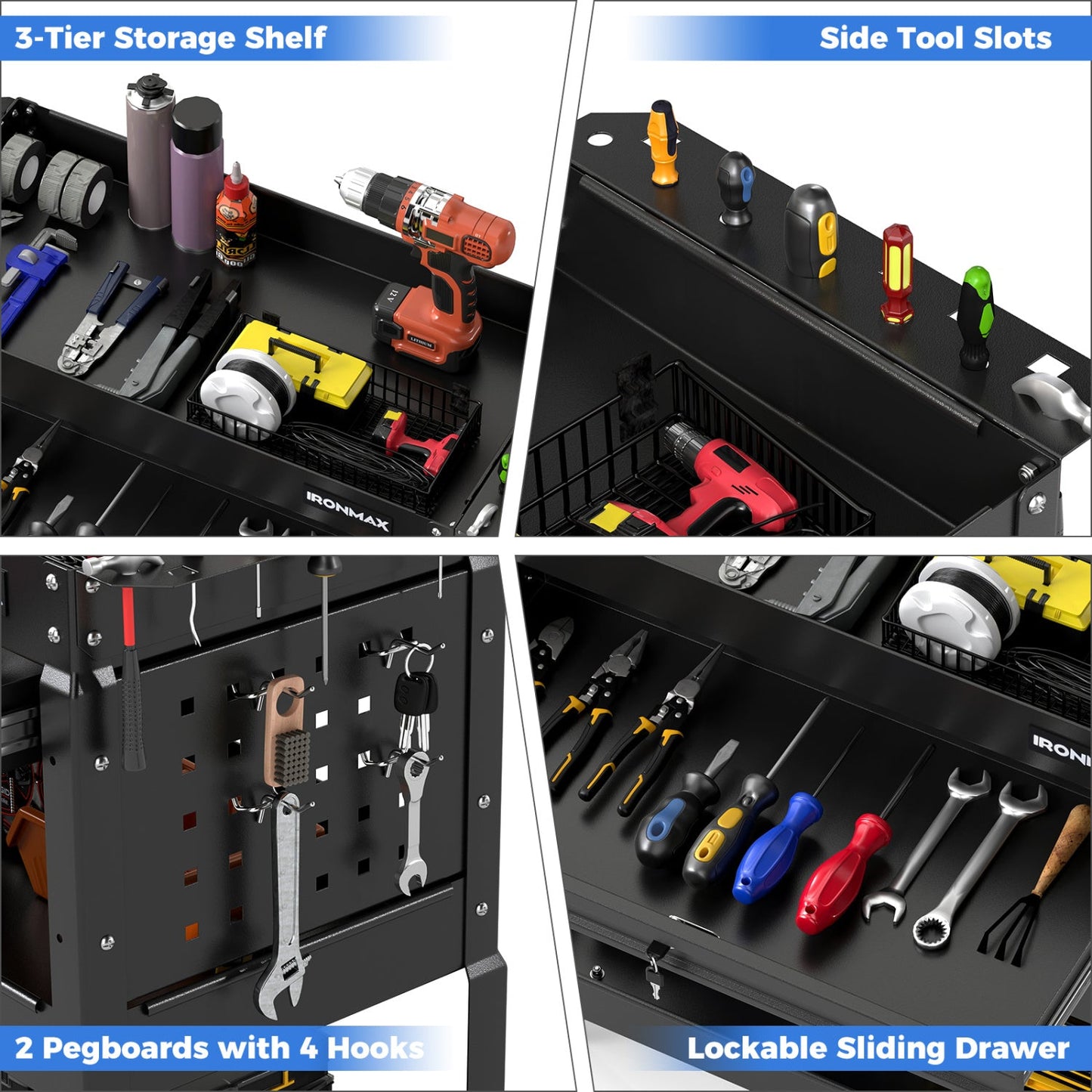 3-Tier Rolling Tool Cart with Lockable Drawer