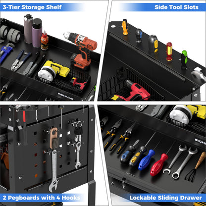 3-Tier Rolling Tool Cart with Lockable Drawer