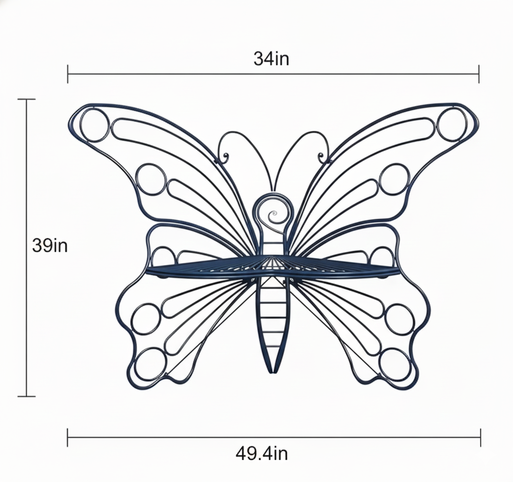 Butterfly-shaped metal wall art with dimensions on a white background