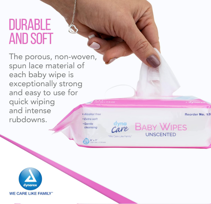 DynaCare Baby Wipes unscented w/ Resealable Label, 5" x 7", 24pks/case (1920 Count)
