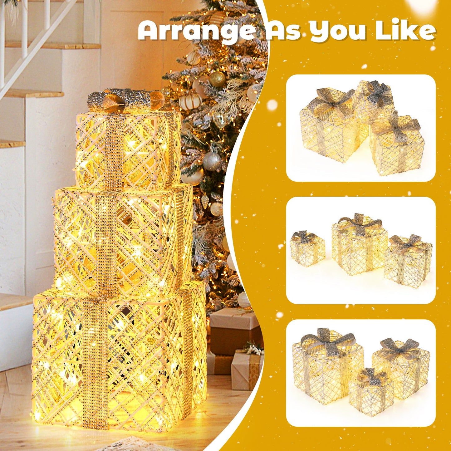 3 Pack Christmas Lighted Gift Box with 50 LED Lights and Detachable Bows