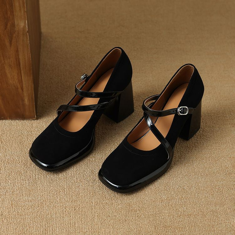 French Square Toe Mary Jane Shoes For Children's Spring 2025 New Style, Thick Heel Cross With Shallow Mouth High Heels, Worn As A Single Shoe Outside