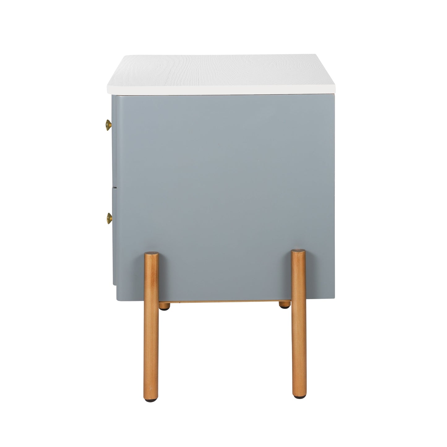 Modern Fluted Nightstand with 2 Drawers, Gold Metal Legs and Handles, Blue
