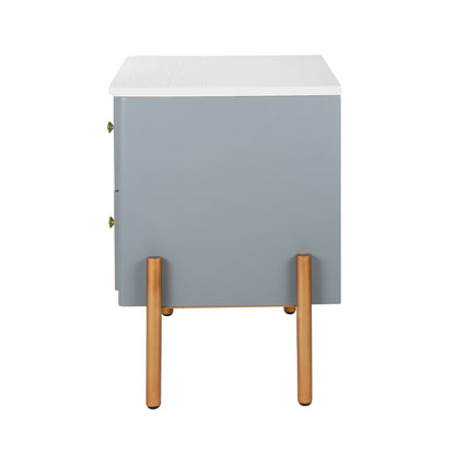 Modern Fluted Nightstand with 2 Drawers, Gold Metal Legs and Handles, Blue