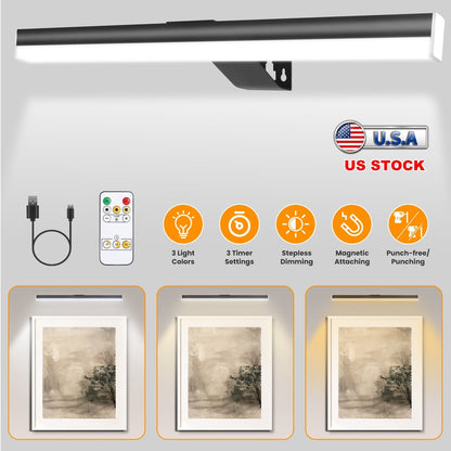 Wireless Picture Light Magnetic Art Display Light Dimmable Rechargeable Library Gallery Light with 3 Light Colors 3 Timer Settings Remote Control Punc