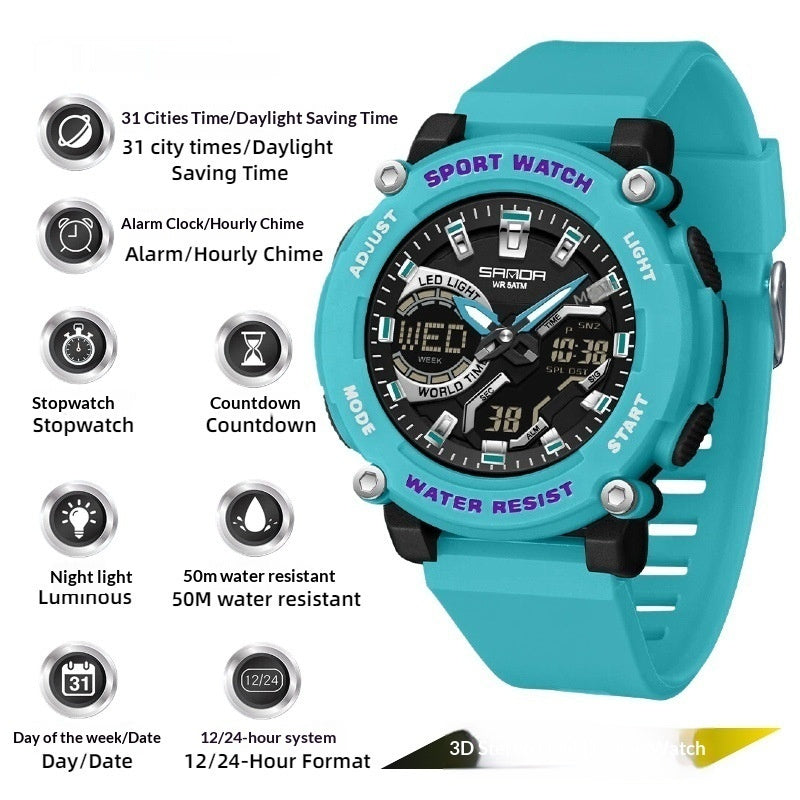 Students Dual-display Luminous Chronograph Watch For Hiking