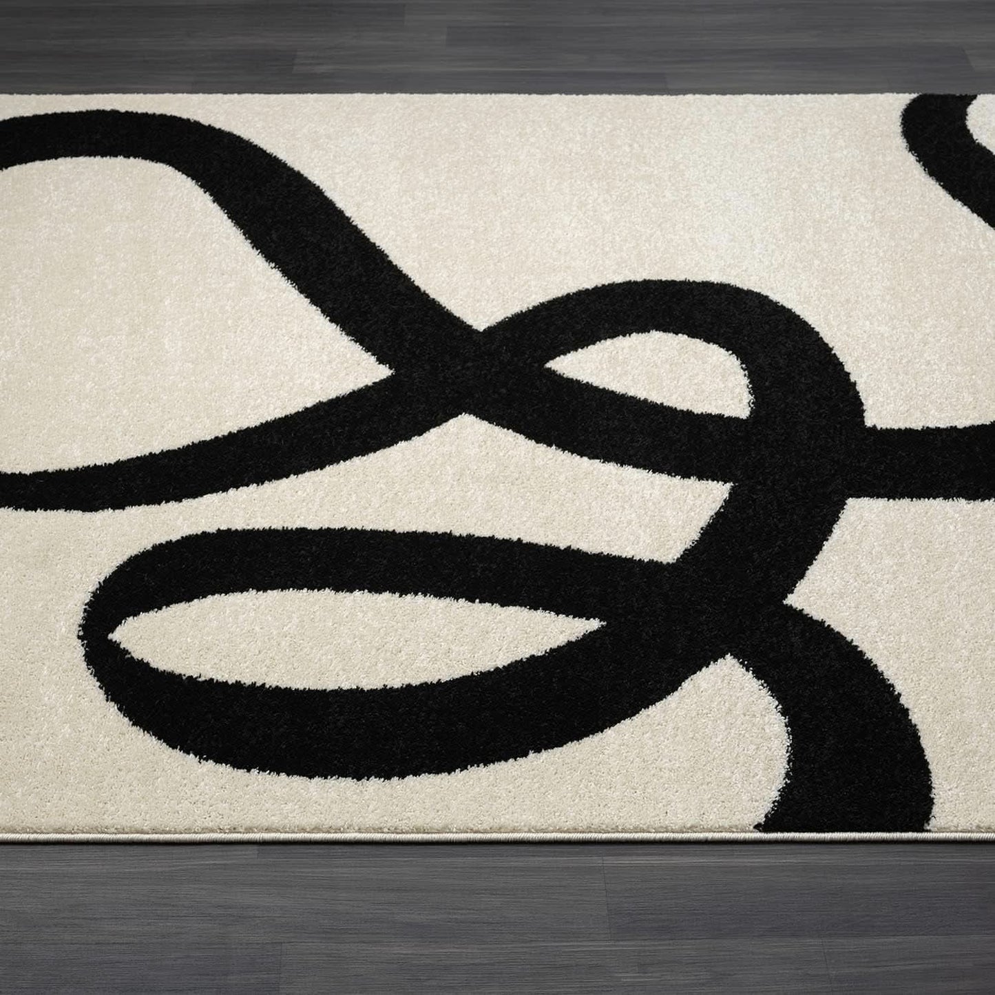 Beige Black Abstract Area Rug 8 By 10 Modern Curved Line