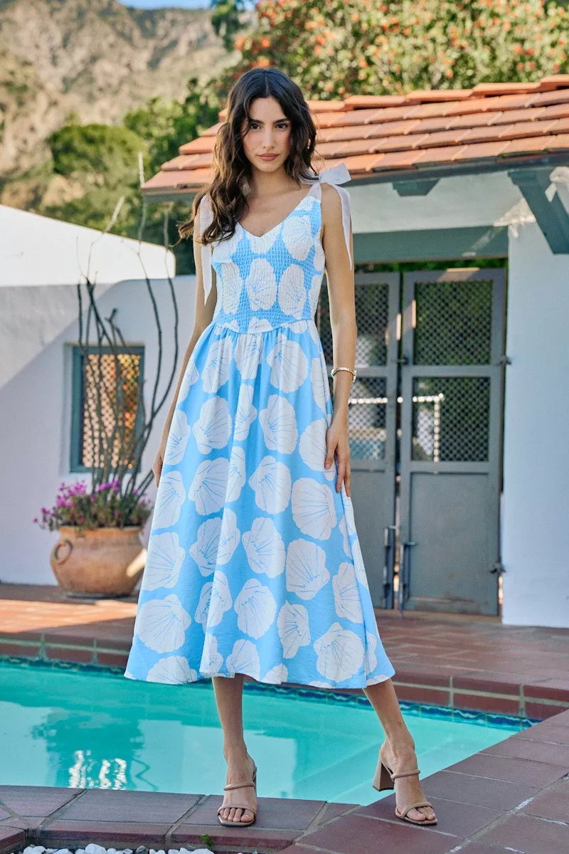 SO ME Shell Smocked Bodice Shoulder Tie Lined Midi Dress