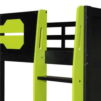 Twin Size Wood Loft Bed with Desk, Multi-storage Shelves and RGB Light, Green