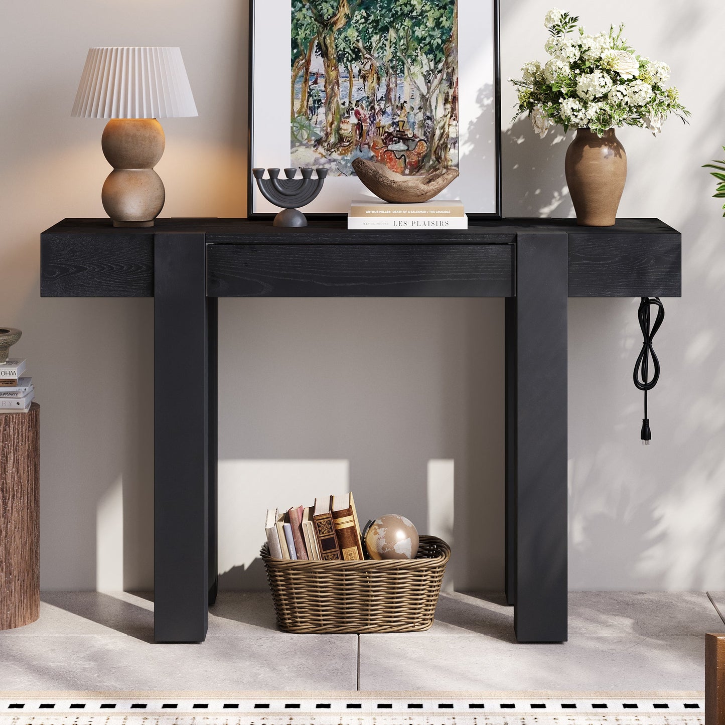 Rustic Console Table, Hidden Drawer, Side Power Outlet, Entryway Table, Black