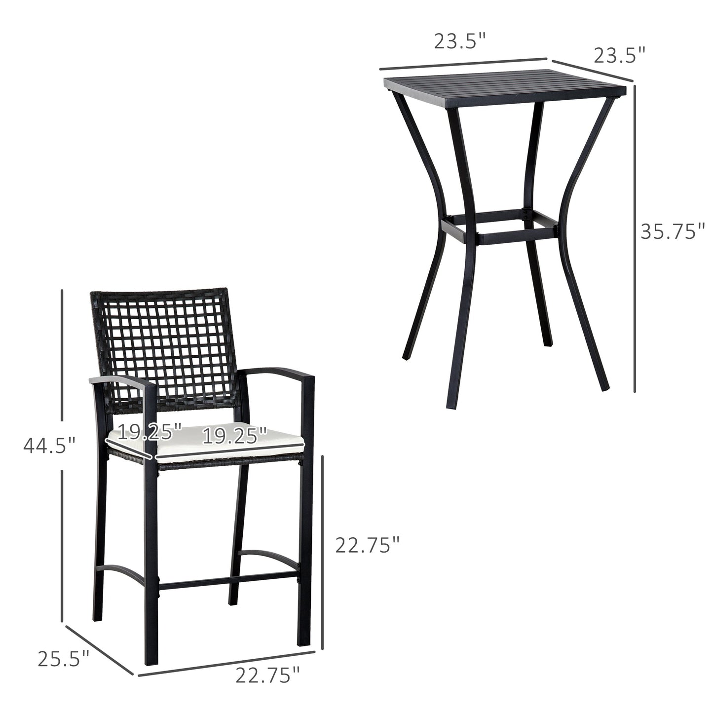 Outdoor Bar Set PE Rattan Black 3 Piece High Table 2 Bar Chairs Footrest