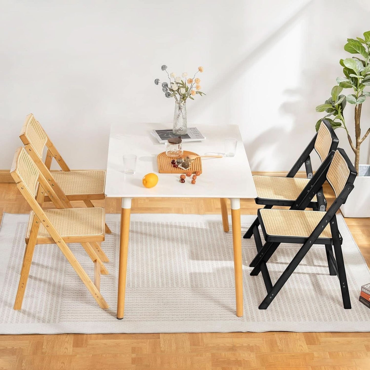 Rattan Folding Dining Chairs Set Of 2 Black Mid Century