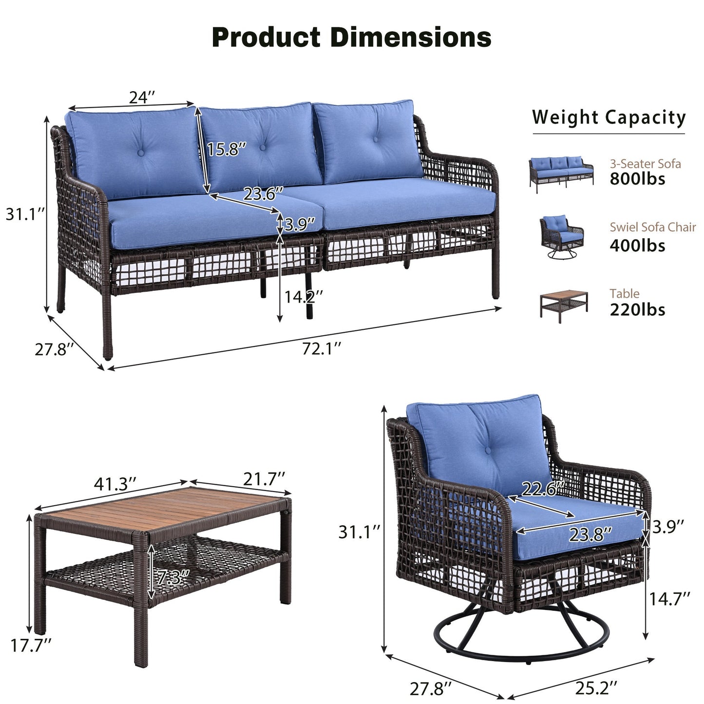 Outdoor Patio Set PE Rattan 4 Piece Swivel Chair Seats 5