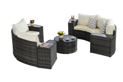 Outdoor Sectional Set PE Rattan Beige Half Moon 11pc
