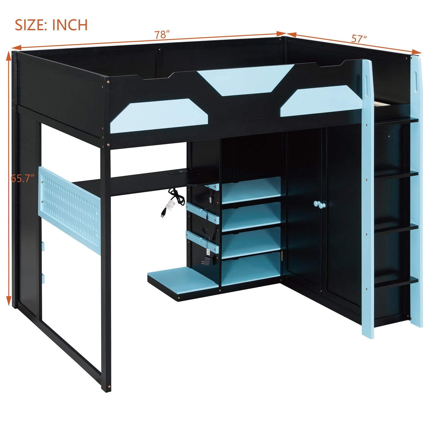 Full Size Wood Loft Bed with Desk, Multi-storage Shelves, USB and RGB Light