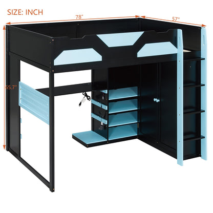 Full Size Wood Loft Bed with Desk, Multi-storage Shelves, USB and RGB Light