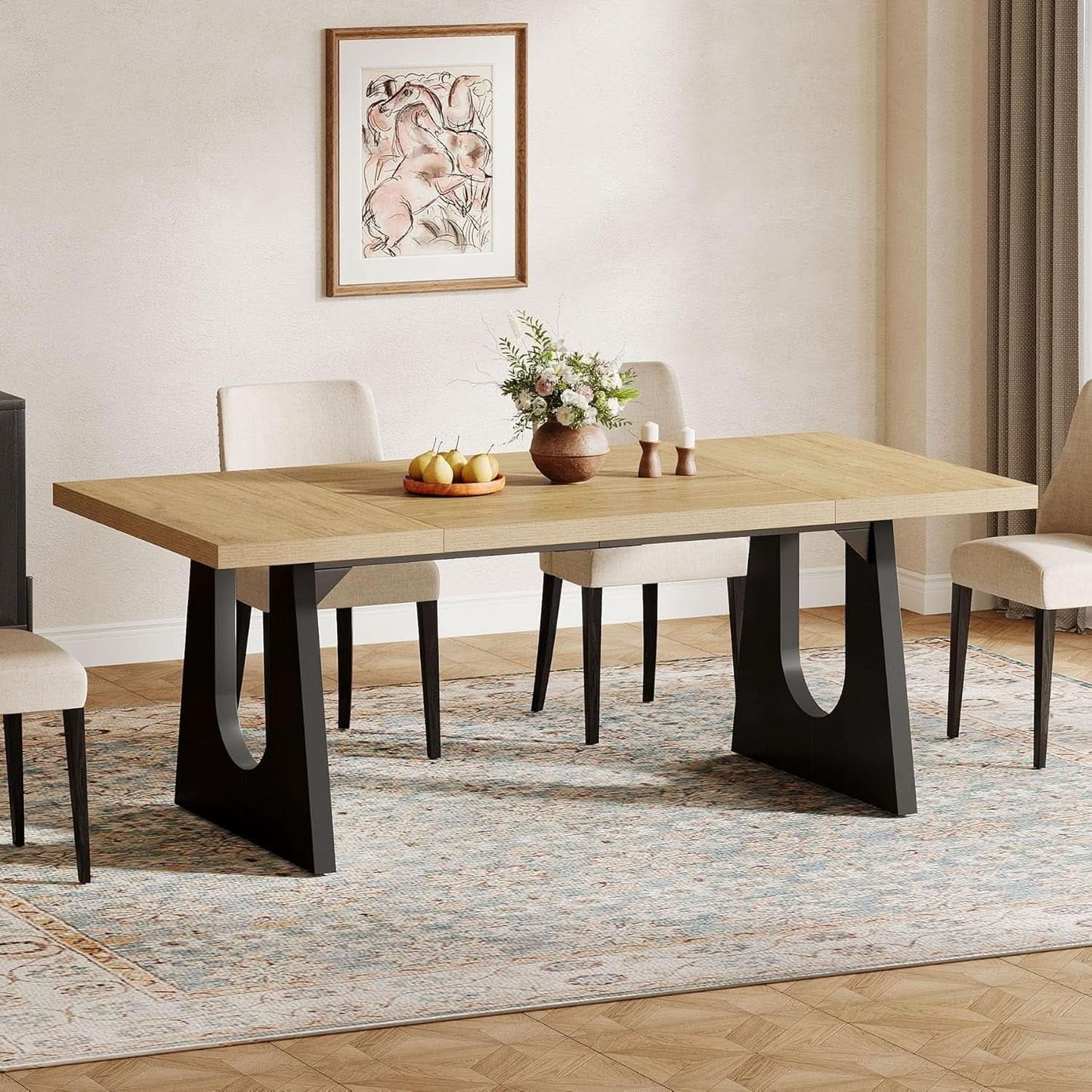 Oak And Black Rustic Dining Table 70.9 Inch For 6 To 8 People