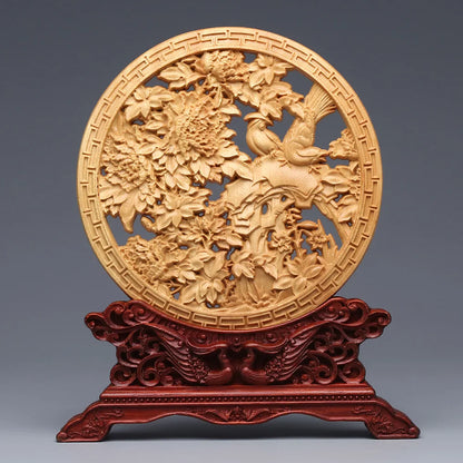 Wood Carving Dragon and Phoenix Round Carving Art Statue High Quality