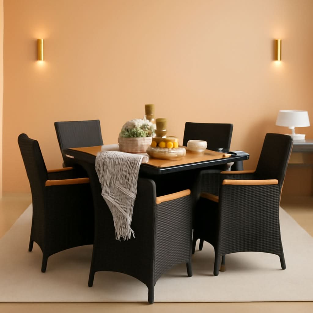 7 Piece Outdoor Patio Dining Set Black Rattan Chairs
