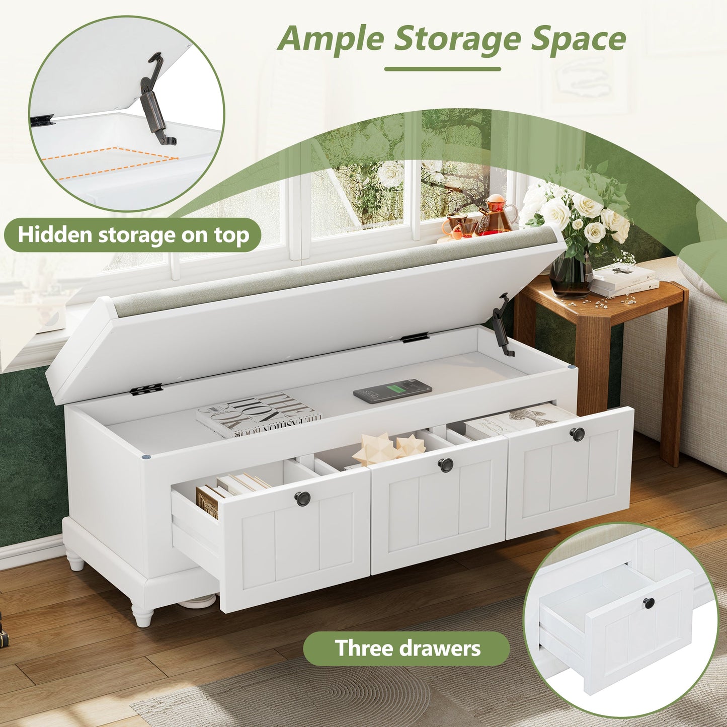 Entry Bench Fluted MDF White Cushioned Seat 3 Drawers 44x16x19